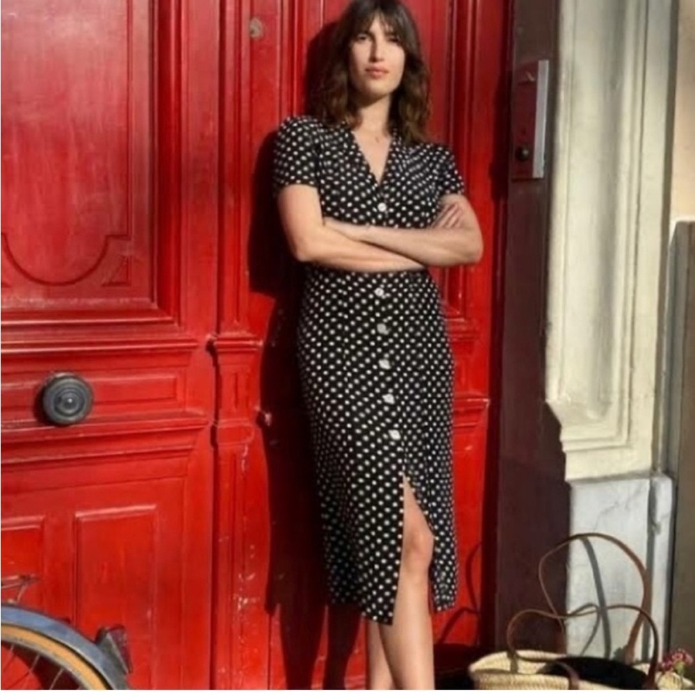 Rouje Navy and White Polka Dot Midi Marin Dress
